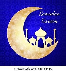 Vector Ramadan greeting card  in 3D style. Cutting paper moon and mosque.