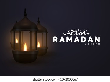 Vector Ramadan greeting card. Illuminated arabic lamp. Dark background with realistic lantern. Hand drawn calligraphy lettering Ramadan Kareem