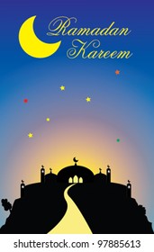 Vector of ramadan greeting with mosque on a hill isolated blue sky