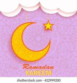 Vector Ramadan Greetings Background. Greeting Card. Yellow Moon and Yellow Star on Pink Ornamental Background