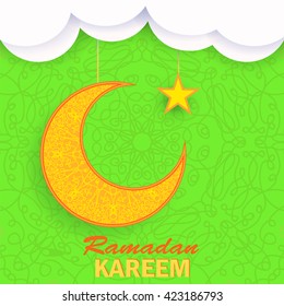 Vector Ramadan Greetings Background. Greeting Card. Yellow Moon and Yellow Star on Green Ornamental Background
