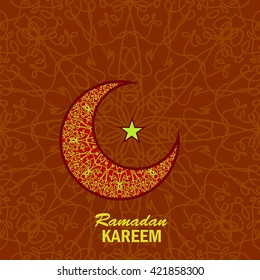 Vector Ramadan Greetings Background. Ramadan Kareem Means Ramadan the Generous Month. Ramadan Greeting Card. Yellow Moon and Yellow Star on Red Ornamental Background