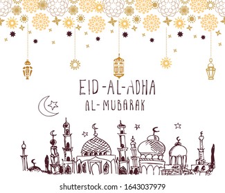 Vector  Ramadan horizontal banner. Islamic Holiday. Lanterns, ornaments, stars, mosque,arabian style. Text Eid-Al-Adha-Al-Mubarak.
