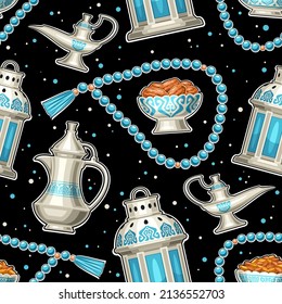 Vector Ramadan Iftar Seamless Pattern, decorative wrapping paper with square repeating background with cut out illustrations of blue rosary beads, ramadan symbols for iftar party on black background