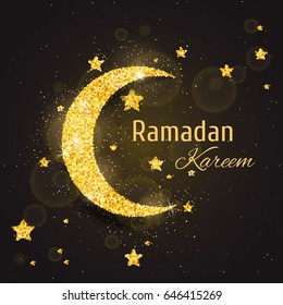 Vector Ramadan Kareem background with sparkling glitter golden textured moon with stars on brown glow background for muslim holy month. Seasonal holidays greeting card template