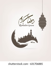 vector of Ramadan Kareem beautiful greeting card - background with ornate crescent and lanterne moon and arabic calligraphy which means ''Ramadan kareem'',