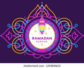 Vector Ramadan Kareem card. Bright lantern for Ramadan wishing. Arabic shining lamp. Decor in Eastern style. Islamic background. Card for Muslim feast of the holy of Ramadan month.