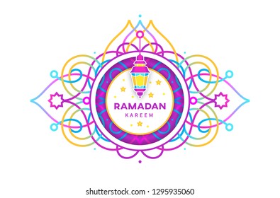 Vector Ramadan Kareem card. Bright lantern for Ramadan wishing. Arabic shining lamp. Decor in Eastern style. Islamic background. Card for Muslim feast of the holy of Ramadan month.