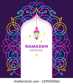 Vector Ramadan Kareem card. Bright lantern for Ramadan wishing. Arabic shining lamp. Decor in Eastern style. Islamic background. Card for Muslim feast of the holy of Ramadan month.
