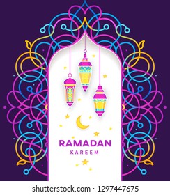 Vector Ramadan Kareem card. Bright lantern for Ramadan wishing. Arabic shining lamp. Decor in Eastern style. Islamic background. Card for Muslim feast of the holy of Ramadan month.
