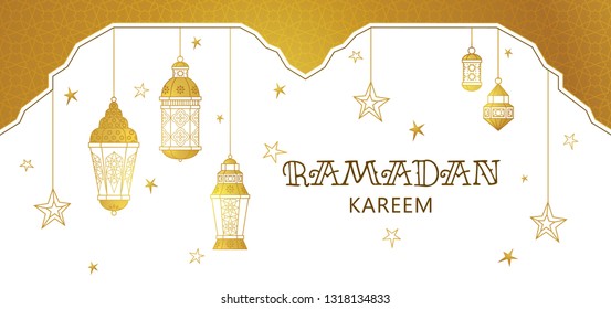 Vector Ramadan Kareem card. Gold vintage banner with outline lanterns for Ramadan wishing. Arabic shining lamps. Islamic background. Illustration. Card for Muslim feast of the holy of Ramadan month.