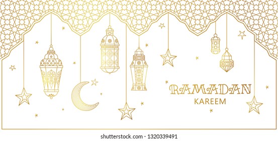 Vector Ramadan Kareem card. Golden vintage banner with outline lanterns for Ramadan wishing. Arabic shining lamps. Islamic background. Illustration. Card for Muslim feast of the holy of Ramadan month.