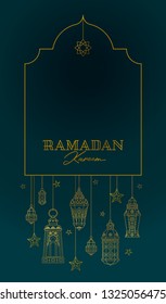 Vector Ramadan Kareem card. Golden vintage banner with outline lanterns for Ramadan wishing. Arabic shining lamps. Islamic background. Illustration. Card for Muslim feast of the holy of Ramadan month.