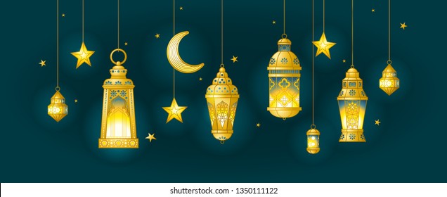 Vector Ramadan Kareem card. Golden vintage banner with  lanterns, stars, crescent for Ramadan wishing. Arabic lamps. Islamic background. Illustration. Card for Muslim feast of the holy of Ramadan mont