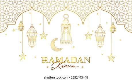 Vector Ramadan Kareem card. Golden vintage banner with gold lanterns for Ramadan wishing. Arabic shining lamps. Islamic background. Illustration. Card for Muslim feast of the holy of Ramadan month.