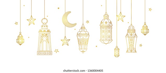 Vector Ramadan Kareem card. Golden vintage banner with lanterns, stars, crescent for Ramadan wishing. Arabic lamps. Islamic background. Illustration. Card for Muslim feast of the holy of Ramadan month