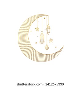 Vector Ramadan Kareem card. Golden vintage banner with gold crescent, star, lanterns for Ramadan wishing. Arabic illustration. Islamic background. Muslim feast of the holy of Ramadan month.