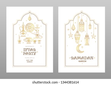 Vector Ramadan Kareem card and Iftar party invitation. Gold cards with lanterns, arabic coffee mug, stars, arch. Ramadan wishing. Arabic lamps. Card for Muslim feast of the holy of Ramadan month.