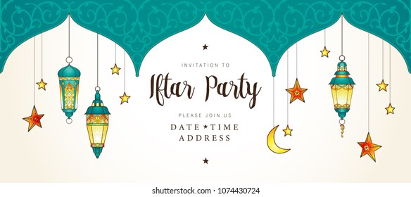 Vector Ramadan Kareem card, ornate invitation to Iftar party celebration. Lantern for Ramadan wishing. Arabic shining lamps. Card for Muslim feast of the holy of Ramadan month. Eastern style.