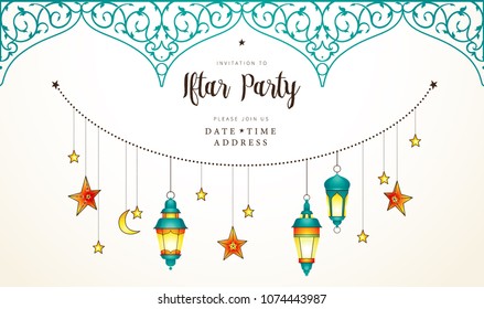 Vector Ramadan Kareem card, ornate invitation to Iftar party celebration. Lantern for Ramadan wishing. Arabic shining lamps. Card for Muslim feast of the holy of Ramadan month. Eastern style.