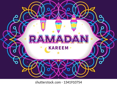 Vector Ramadan Kareem card, ornate invitation to Iftar party celebration. Lanterns for Ramadan wishing. Arabic shining lamps. Cards for Muslim feast of the holy of Ramadan month. Eastern style.