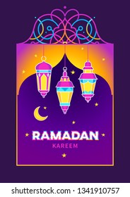 Vector Ramadan Kareem card, ornate invitation to Iftar party celebration. Lanterns for Ramadan wishing. Arabic shining lamps. Cards for Muslim feast of the holy of Ramadan month. Eastern style.