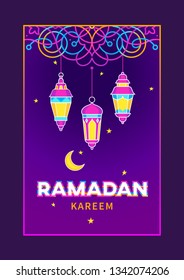 Vector Ramadan Kareem card, ornate invitation to Iftar party celebration. Lanterns for Ramadan wishing. Arabic shining lamps. Cards for Muslim feast of the holy of Ramadan month. Eastern style.