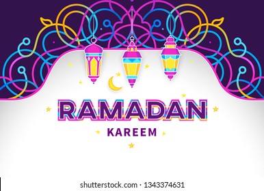 Vector Ramadan Kareem card, ornate invitation to Iftar party celebration. Lanterns for Ramadan wishing. Arabic shining lamps. Cards for Muslim feast of the holy of Ramadan month. Eastern style.