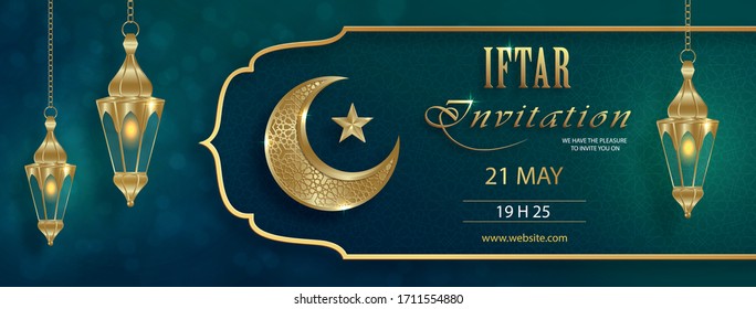 Vector Ramadan Kareem card, ornate invitation to Iftar party celebration. Lantern for Ramadan wishing. Arabic shining lamps. Card for Muslim feast of the holy of Ramadan month
