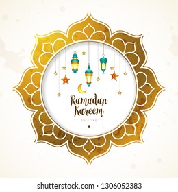 Vector Ramadan Kareem card. Vintage banner for Ramadan wishing. Arabic shining lamps, moon, stars. Decor in Eastern style. Islamic background. Cards for Muslim feast of the holy of Ramadan month.