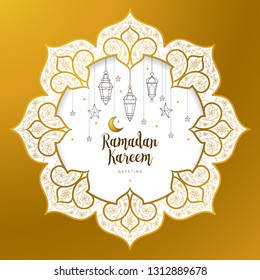 Vector Ramadan Kareem card. Vintage gold banner with lanterns for Ramadan wishing. Arabic lamps, moon, stars. Eastern style. Islamic background. Card for Muslim feast of the holy of Ramadan month.