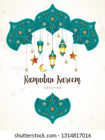 Vector Ramadan Kareem card. Vintage banner with lanterns for Ramadan wishing. Arabic lamps, moon, stars. Decor in Eastern style. Islamic background. Cards for Muslim feast of the holy of Ramadan month