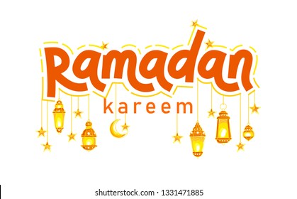Vector Ramadan Kareem card. Vintage banner with lettering, stars, lanterns for Ramadan wishing. Arabic lamps. Islamic background.  Illustration. Card for Muslim feast of the holy of Ramadan month.