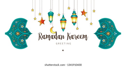 Vector Ramadan Kareem card. Vintage banner with lanterns for Ramadan wishing. Arabic lamps, moon, stars. Decor in Eastern style. Islamic background. Cards for Muslim feast of the holy of Ramadan month