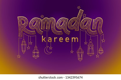 Vector Ramadan Kareem card. Vintage gold banner with lettering, stars, lanterns for Ramadan wishing. Arabic lamps. Islamic background.  Illustration. Card for Muslim feast of the holy of Ramadan month