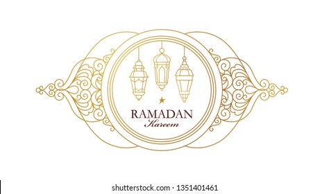 Vector Ramadan Kareem card. Vintage banner for Ramadan wishing. Arabic shining lamps, stars. Decoration in Eastern style. Islamic background for Muslim feast of the holy of Ramadan month.