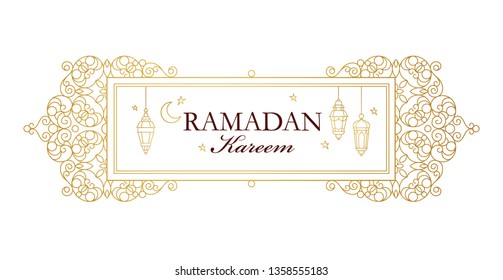 Vector Ramadan Kareem card. Vintage banner for Ramadan wishing. Arabic shining lamps, crescent, stars. Decor in Eastern style. Islamic background. Cards for Muslim feast of the holy of Ramadan month.