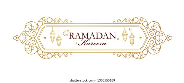 Vector Ramadan Kareem card. Vintage banner for Ramadan wishing. Arabic shining lamps, crescent, stars. Decor in Eastern style. Islamic background. Cards for Muslim feast of the holy of Ramadan month.