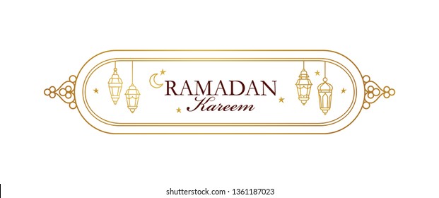 Vector Ramadan Kareem card. Vintage banner for Ramadan wishing. Arabic shining lamps, crescent, stars. Decor in Eastern style. Islamic background. Cards for Muslim feast of the holy of Ramadan month.