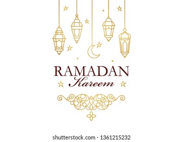 Cartão Vector Ramadan Kareem. Banner vintage para os desejos do Ramadã. Lâmpadas árabes brilhantes, crescente, estrelas. Decoração em estilo oriental. Histórico islâmico. Cartões para festa muçulmana do mês sagrado do Ramadan.