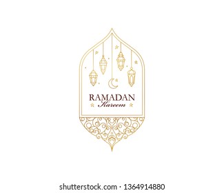 Vector Ramadan Kareem card. Vintage banner for Ramadan wishing. Arabic  lamps, crescent, stars. Gold emblem in Eastern style. Islamic background. Badge for Muslim feast of the holy of Ramadan month.