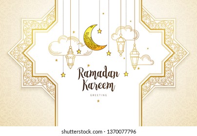 Vector Ramadan Kareem card. Vintage banner with lanterns for Ramadan wishing. Arabic lamps, crescent, stars. Eastern style. Islamic background. Cards for Muslim feast of the holy of Ramadan month