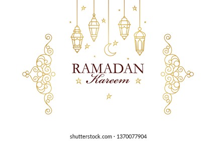 Vector Ramadan Kareem card. Vintage banner for Ramadan wishing. Arabic  lamps, crescent, stars. Gold emblem in Eastern style. Islamic background. Badge for Muslim feast of the holy of Ramadan month.