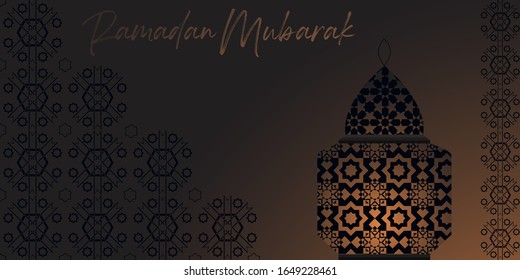 Vector Ramadan Kareem card. Vintage banner with lanterns for Ramadan wishing. Arabic shining lamps. Decor in Eastern style. Islamic background. Card for Muslim feast of the holy of Ramadan month.