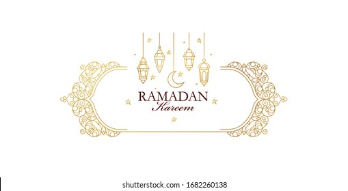 Vector Ramadan Kareem card. Vintage banner for Ramadan wishing. Arabic  lamps, crescent, stars. Gold emblem in Eastern style. Islamic background. Badge for Muslim feast of the holy of Ramadan month.