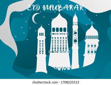 Vector Ramadan Kareem card. Vintage paper banner with mosque, moon, stars, sun and cloud for holy Ramadan wishing. Arabic decor in Eastern style. Islamic muslim background.
