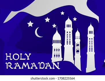 Vektorillustration Ramadan Kareem Karte. Vintage-Papier-Banner mit Moschee, Mond, Sterne, Sonne und Wolke für heilige Ramadan wünschen. Die arabische Einrichtung im östlichen Stil. Islamischer muslimischer Hintergrund.