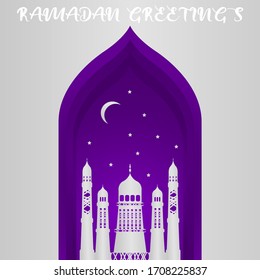 Vector Ramadan Kareem card. Vintage paper banner with mosque, moon, stars, sun and cloud for holy Ramadan wishing. Arabic decor in Eastern style. Islamic muslim background.