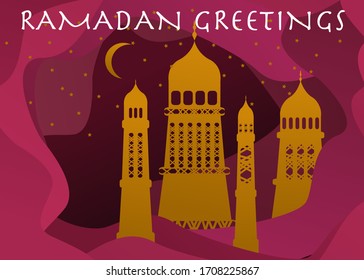 Vector Ramadan Kareem card. Vintage paper banner with mosque, moon, stars, sun and cloud for holy Ramadan wishing. Arabic decor in Eastern style. Islamic muslim background.