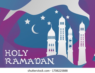 Vector Ramadan Kareem card. Vintage paper banner with mosque, moon, stars, sun and cloud for holy Ramadan wishing. Arabic decor in Eastern style. Islamic muslim background.